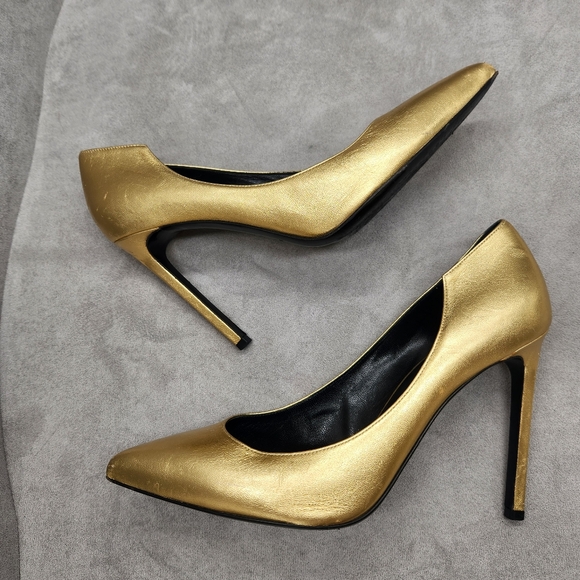 Saint Laurent Pumps 8.5 Golden Leather Stiletto Pointed Toe Luxury Made In Italy - Picture 5 of 16